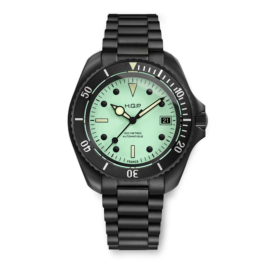Black wristwatch with a green dial on a white background