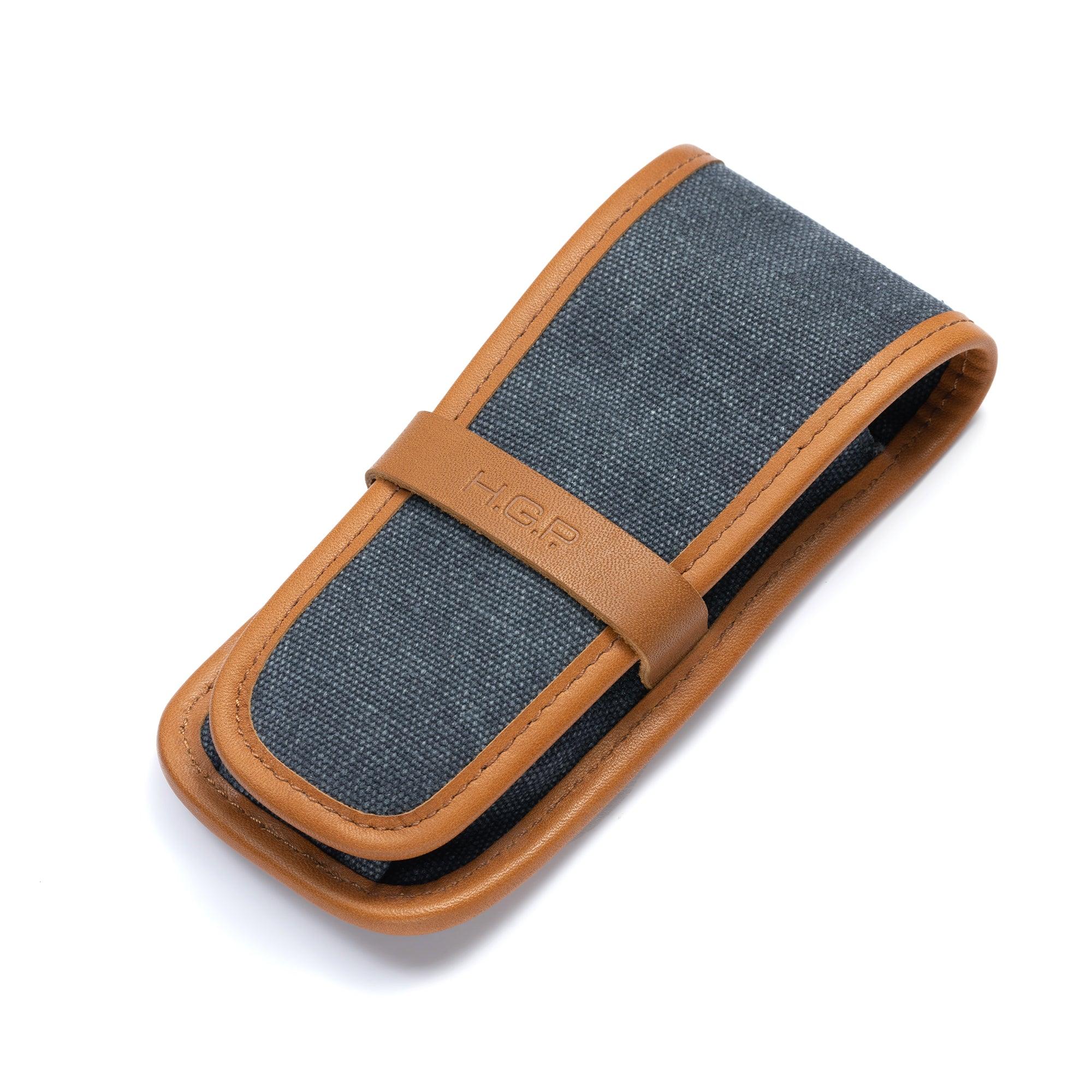 Blue Canvas & Brown Leather Single Watch Pouch - HGP - Dive Watches