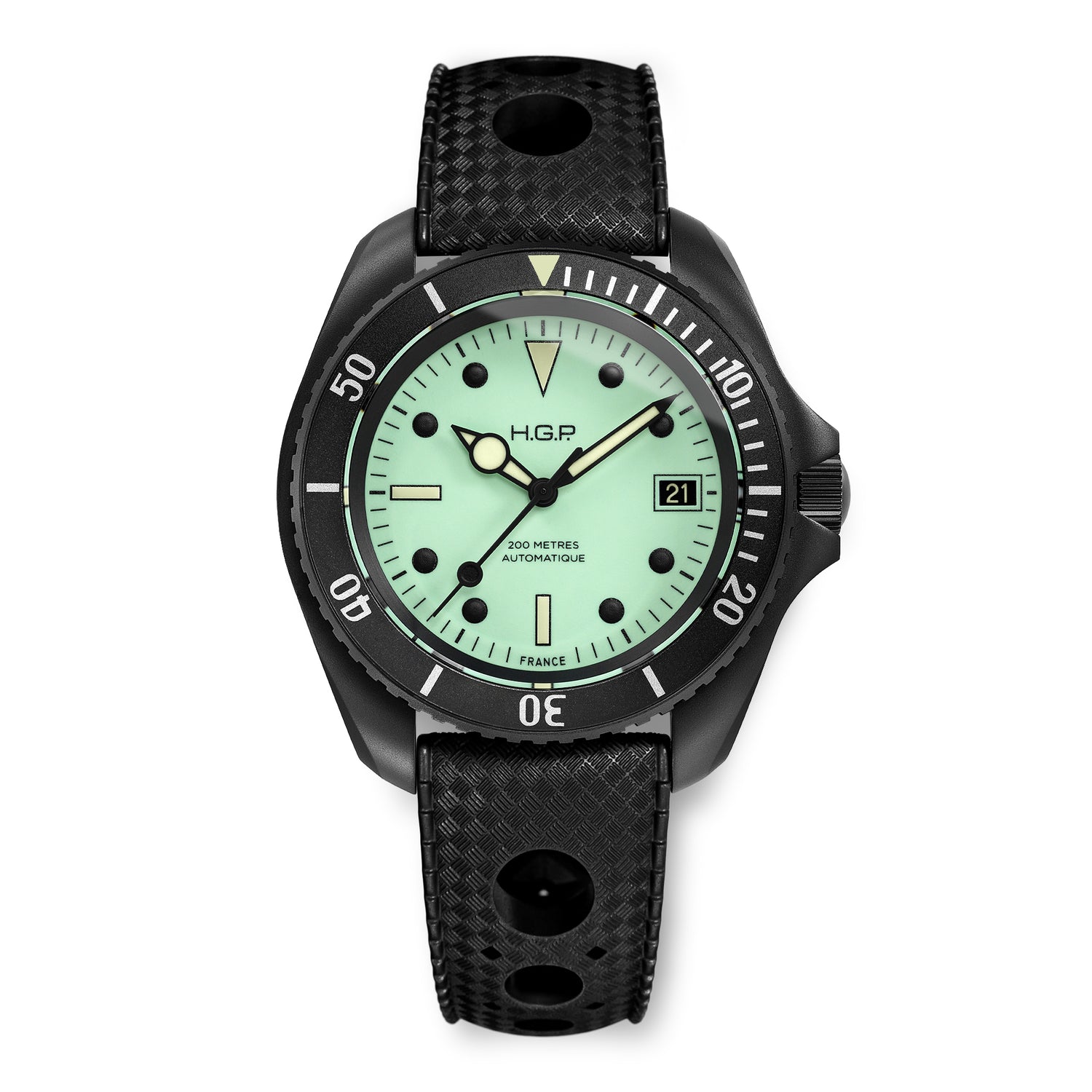 Watch with a green dial and black strap on a white background